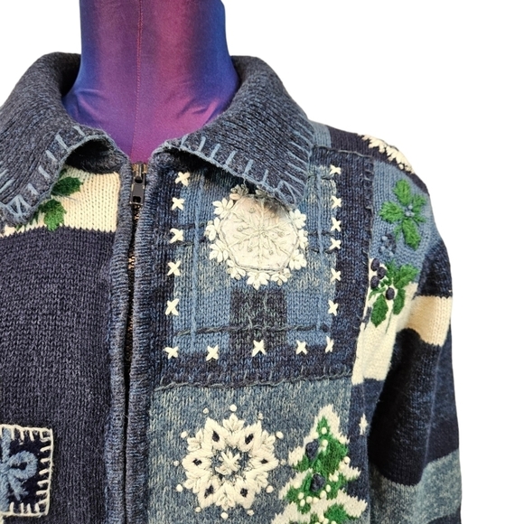 Tiara International Christmas Front Zip Sweater Snowman Patchwork Size Small - Picture 2 of 10